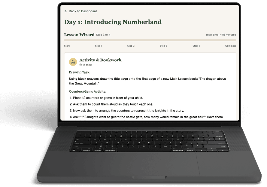 Parent with printed Waldorf lesson materials and child engaged in screen-free learning